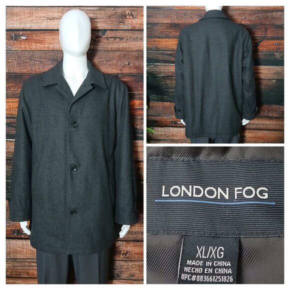 London Fog Pea Coat Mens XL Wool Blend Gray Overcoat Lined Button Front Pockets